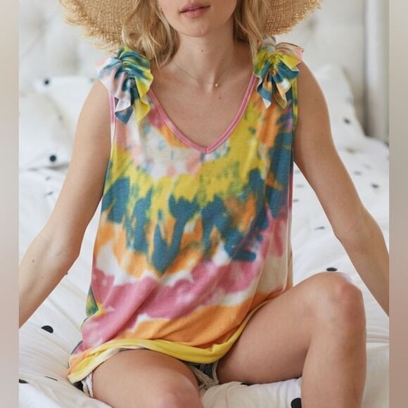 🤩SALE🤩 BiBi Tie Dye Knit V Neck Top Ruffle Strap Colorful Tank Top - Picture 3 of 8